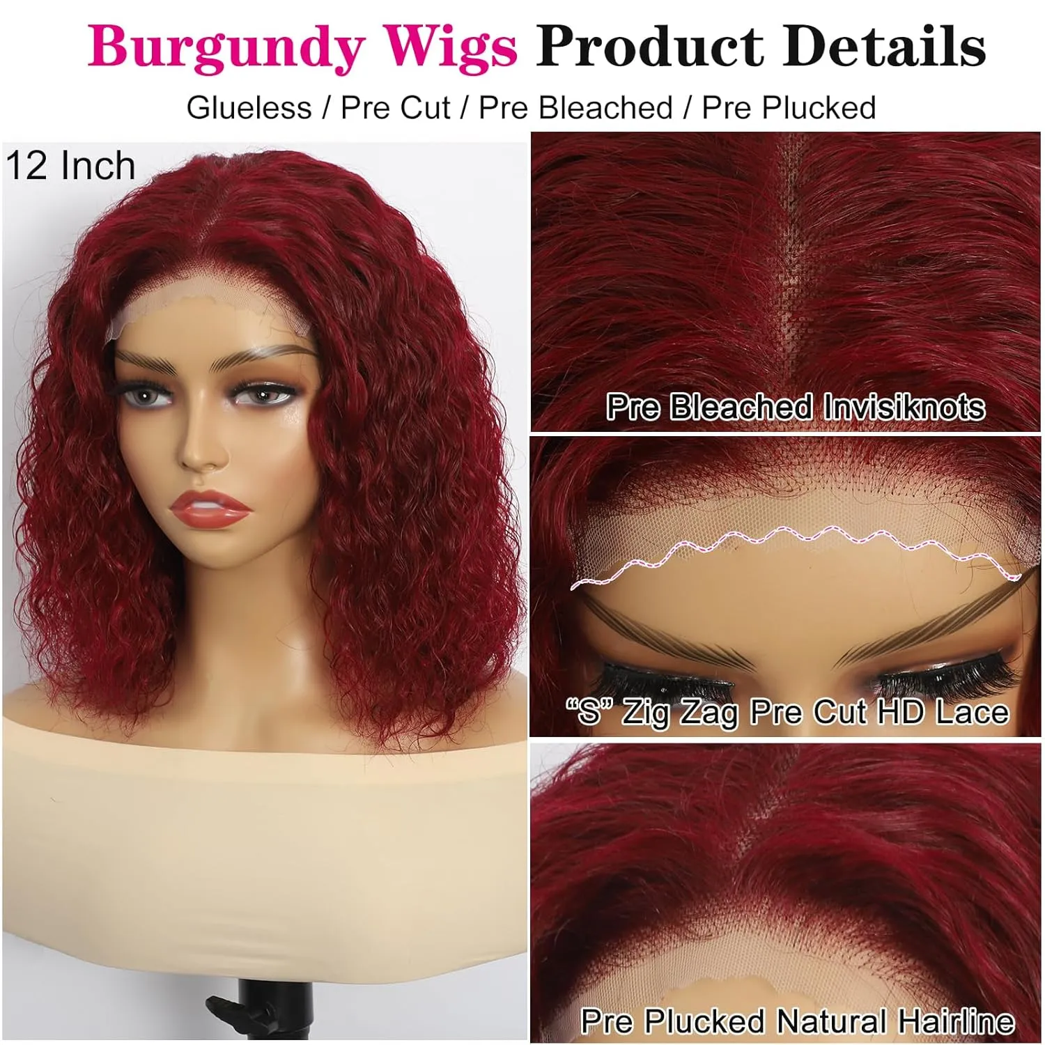 5×5 Closure Bob Wig Human Hair Glueless Wigs Human Hair Pre Plucked Pre Cut Short Curly Wig Water Wave Middle Part 99j Red Wigs for Women Lace Frontal Wigs for Black Women 12 Inch