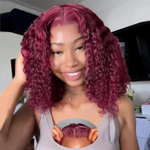 5×5 Closure Bob Wig Human Hair Glueless Wigs Human Hair Pre Plucked Pre Cut Short Curly Wig Water Wave Middle Part 99j Red Wigs for Women Lace Frontal Wigs for Black Women 12 Inch
