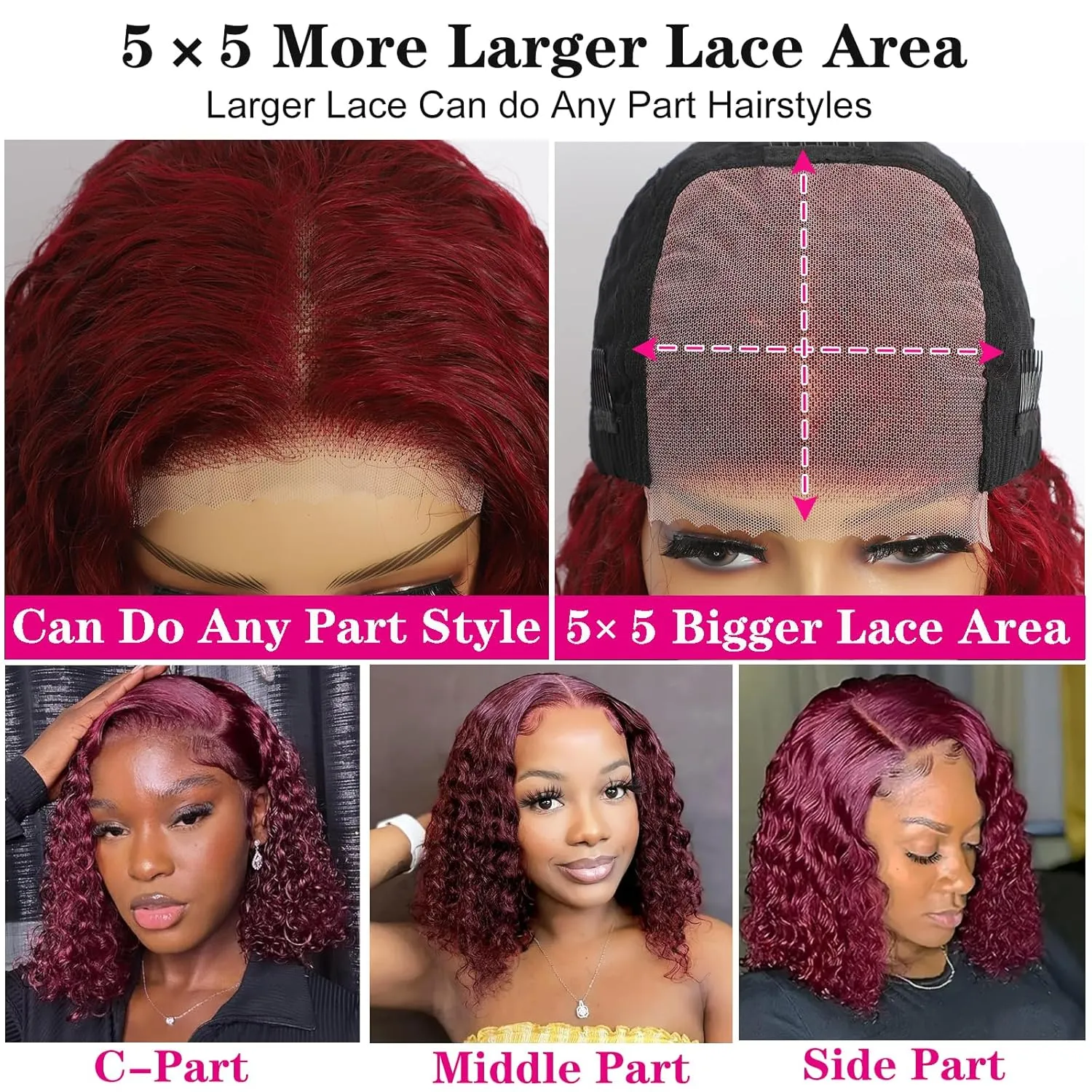5×5 Closure Bob Wig Human Hair Glueless Wigs Human Hair Pre Plucked Pre Cut Short Curly Wig Water Wave Middle Part 99j Red Wigs for Women Lace Frontal Wigs for Black Women 12 Inch