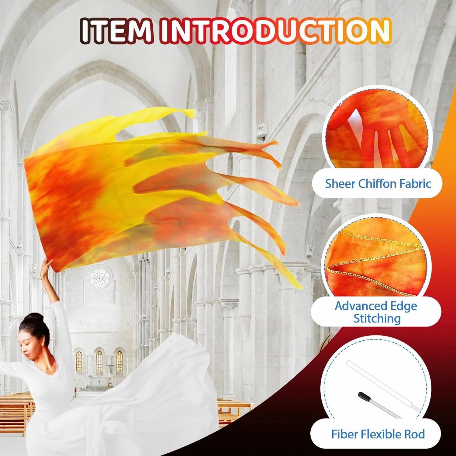 55'' Double Layered Worship Flags for Dance Church, Praise Dance Flags for Worship, Praise Flag with Flexible Rod and Storage Bag, Set of 2, Yellow-Orange-Black