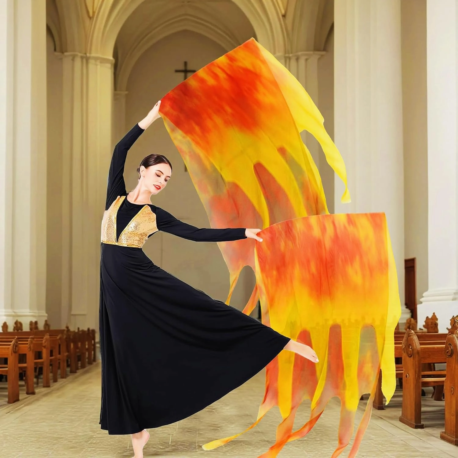 55'' Double Layered Worship Flags for Dance Church, Praise Dance Flags for Worship, Praise Flag with Flexible Rod and Storage Bag, Set of 2, Yellow-Orange-Black