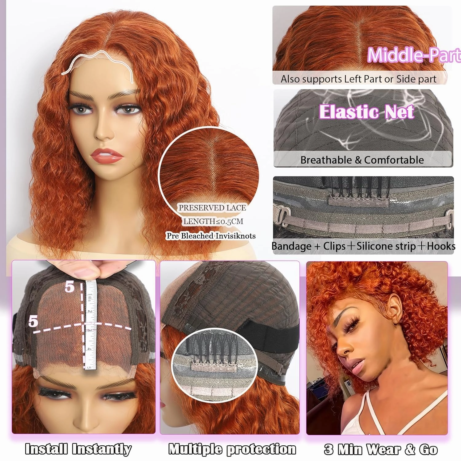 5×5 Closure Bob Wig Human Hair Glueless Wigs Human Hair Pre Plucked Pre Cut Short Curly Wig Water Wave Middle Part 350# Ginger for Women Wigs for Black Women 12Inch