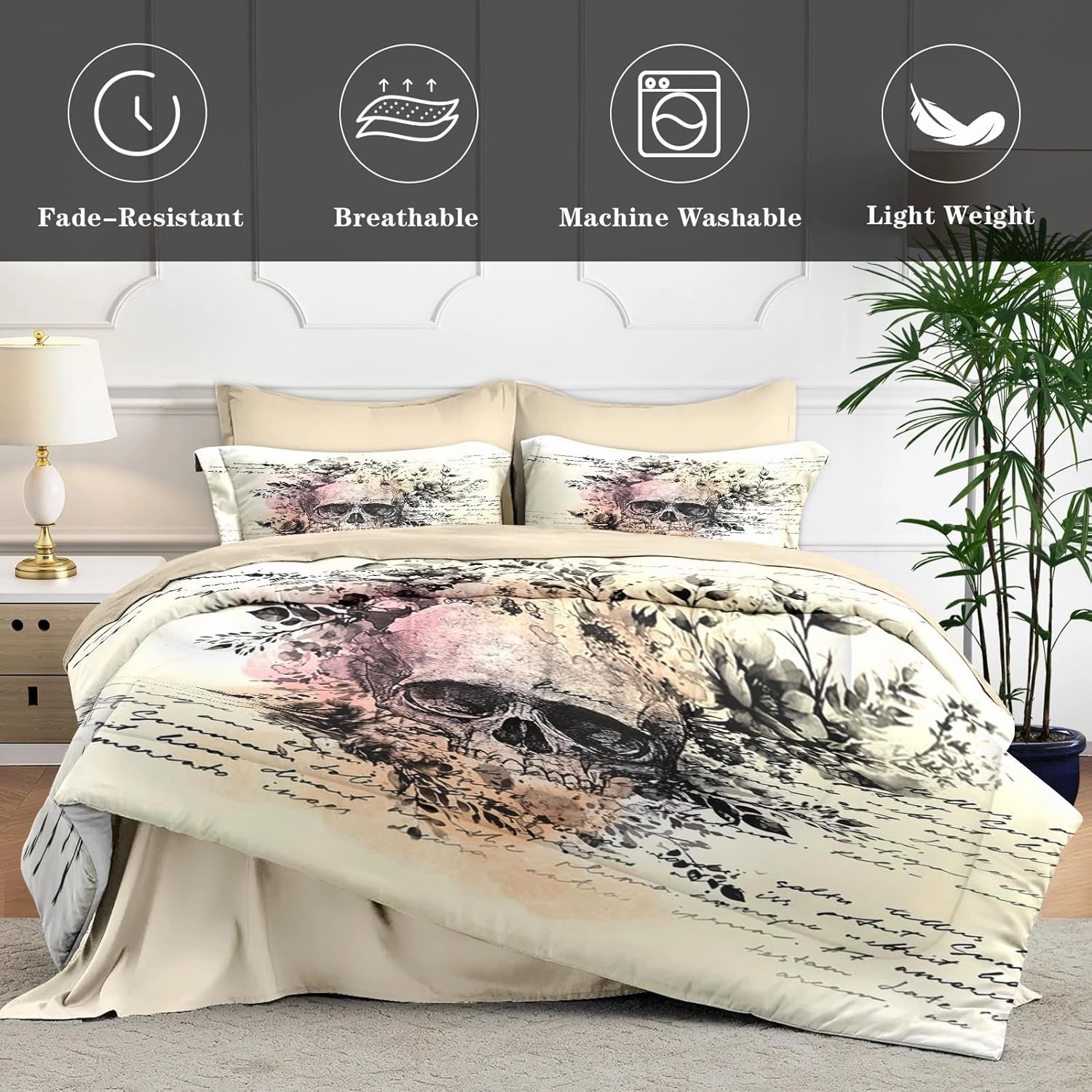 5 Pcs Twin Size Comforter Set with Pillowcase & Sham, Rock Bedding for Kids and Adults, Roll Gothic Bed in a Bag with Flat Fitted Sheet