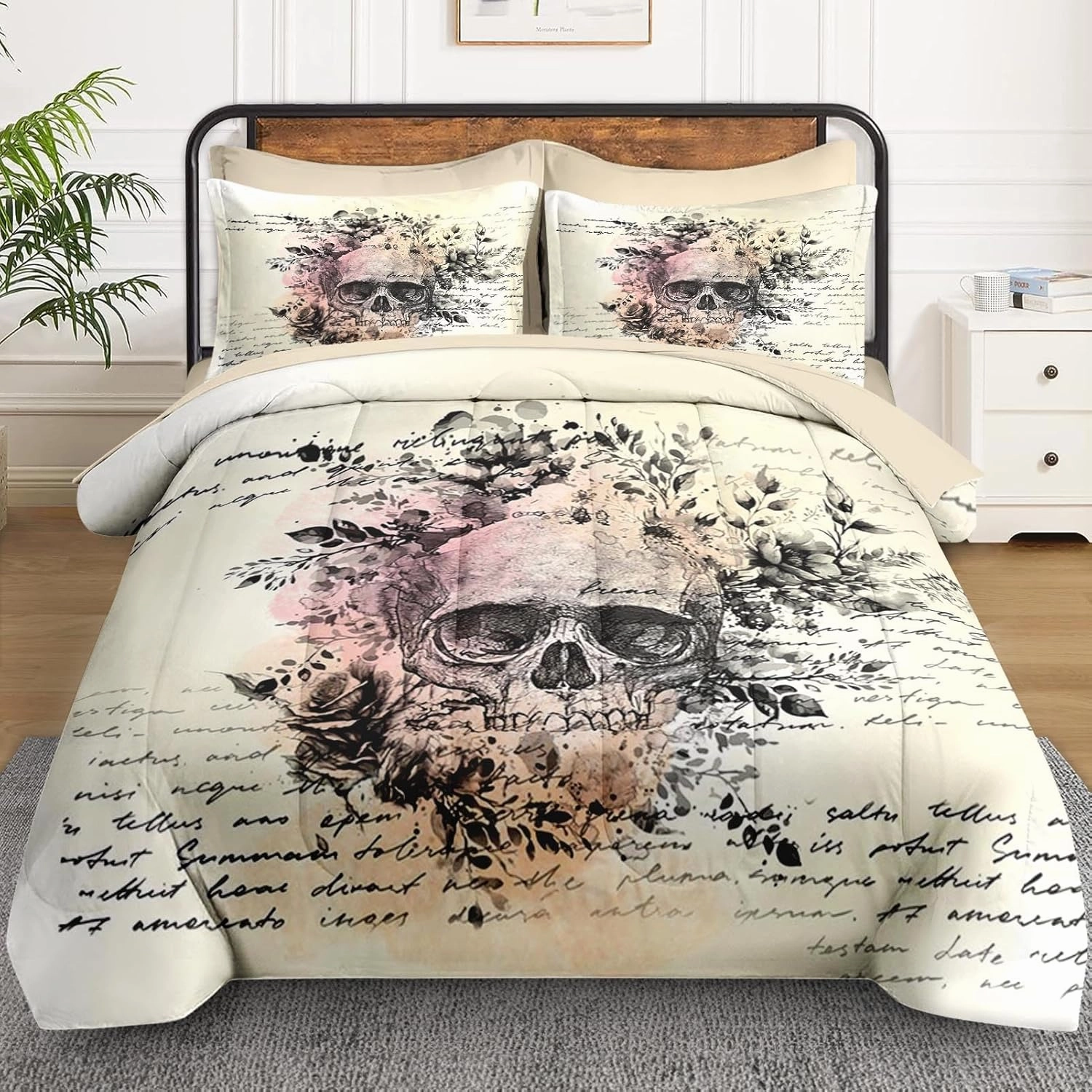5 Pcs Twin Size Comforter Set with Pillowcase & Sham, Rock Bedding for Kids and Adults, Roll Gothic Bed in a Bag with Flat Fitted Sheet