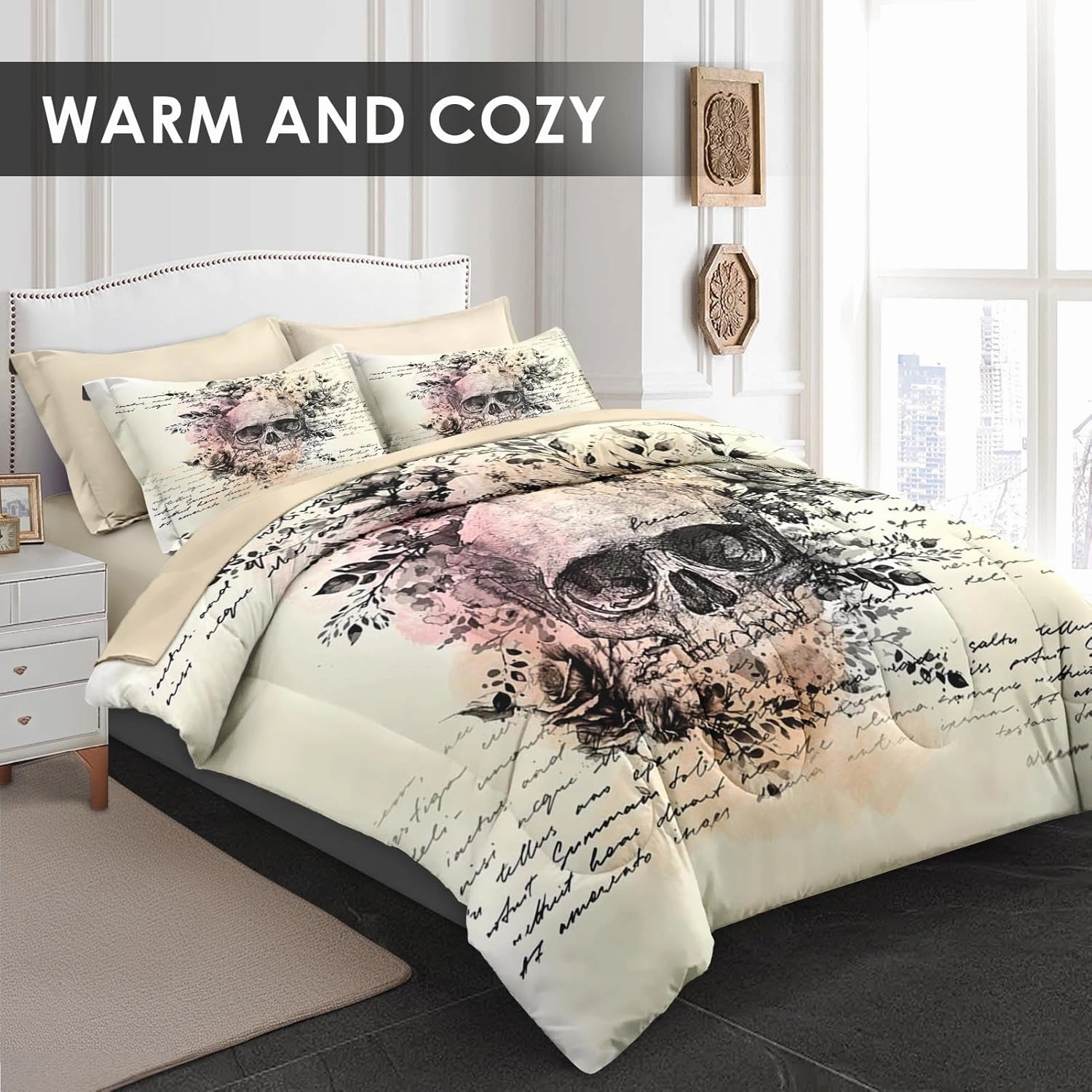 5 Pcs Twin Size Comforter Set with Pillowcase & Sham, Rock Bedding for Kids and Adults, Roll Gothic Bed in a Bag with Flat Fitted Sheet