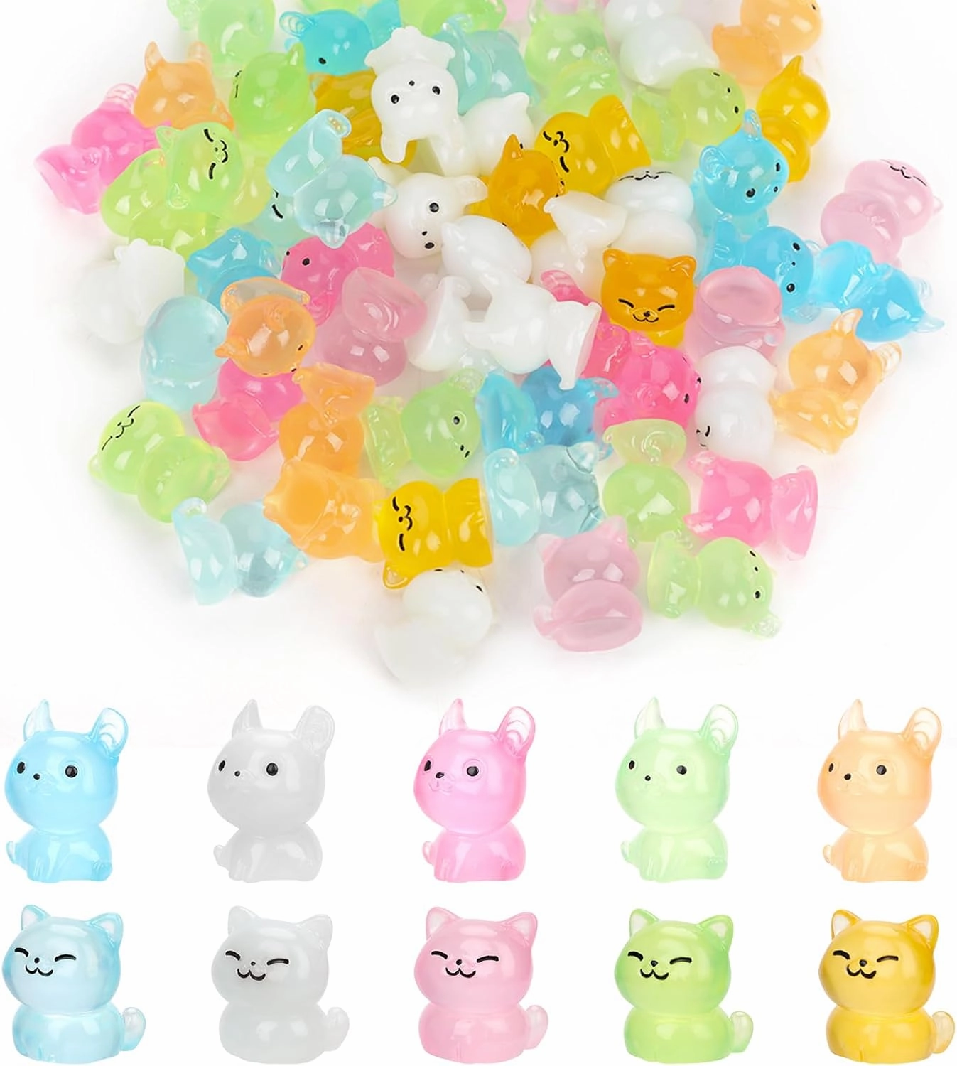 60pcs Luminous Miniature Cat Figurines, 2 Styles Mini Glow in The Dark Tiny Cat Little Resin Animals Small Cat Statues for Dollhouse Garden Cake Decoration DIY Craft