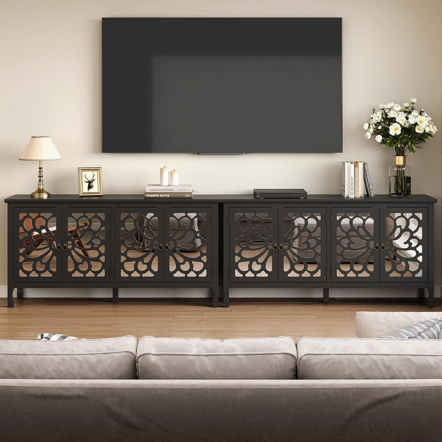63" Carved Buffet Cabinet with Mirrored Door, Modern Console Cabinet with Storage and Adjustable Shelves, Wood Media Cabinet for Entryway, Living Room, Bedroom, Dining Room, Bathroom (Black)
