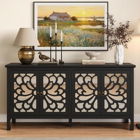 63" Carved Buffet Cabinet with Mirrored Door, Modern Console Cabinet with Storage and Adjustable Shelves, Wood Media Cabinet for Entryway, Living Room, Bedroom, Dining Room, Bathroom (Black)