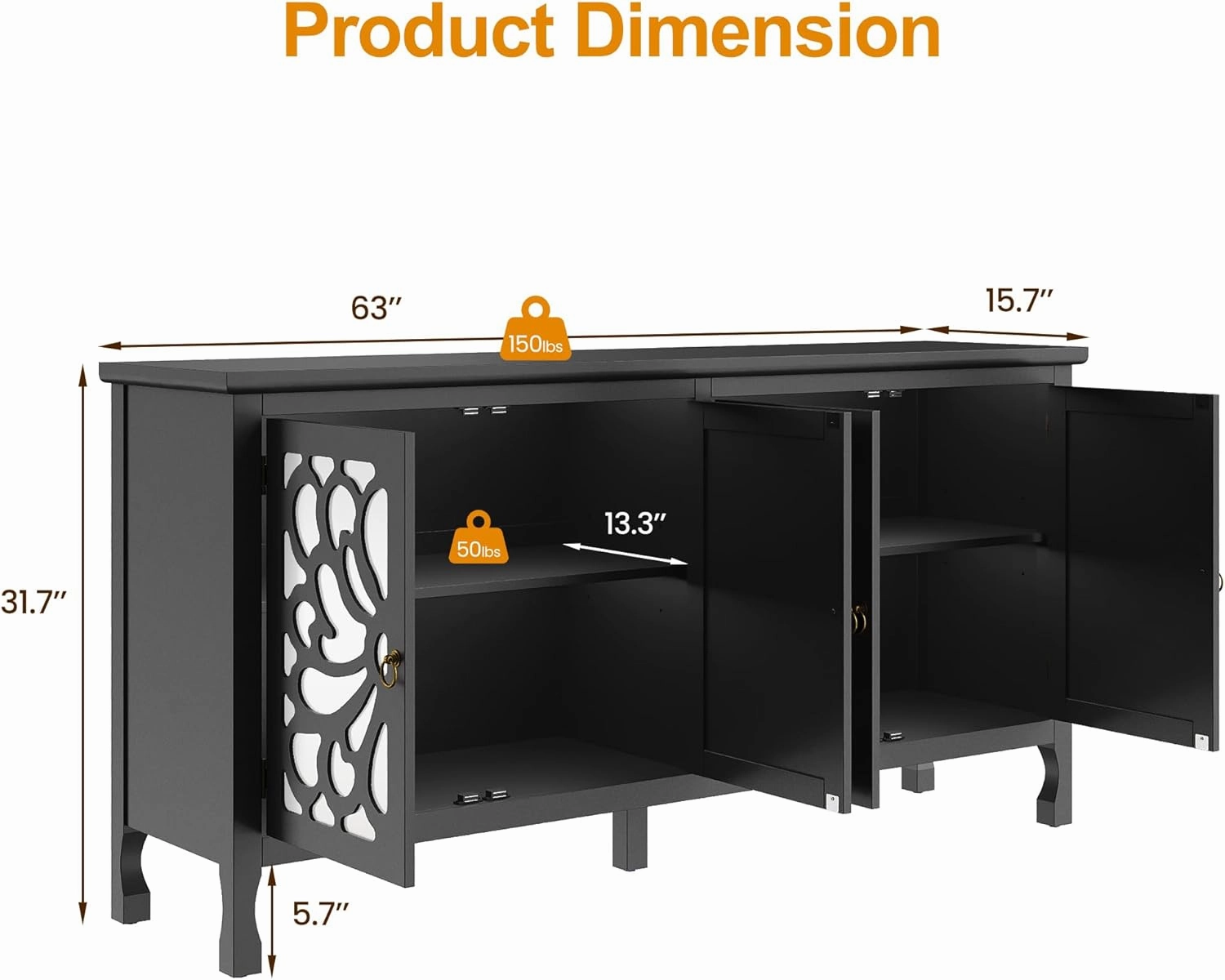 63" Carved Buffet Cabinet with Mirrored Door, Modern Console Cabinet with Storage and Adjustable Shelves, Wood Media Cabinet for Entryway, Living Room, Bedroom, Dining Room, Bathroom (Black)