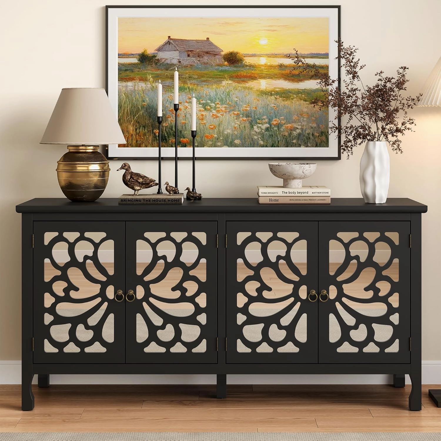 63" Carved Buffet Cabinet with Mirrored Door, Modern Console Cabinet with Storage and Adjustable Shelves, Wood Media Cabinet for Entryway, Living Room, Bedroom, Dining Room, Bathroom (Black)