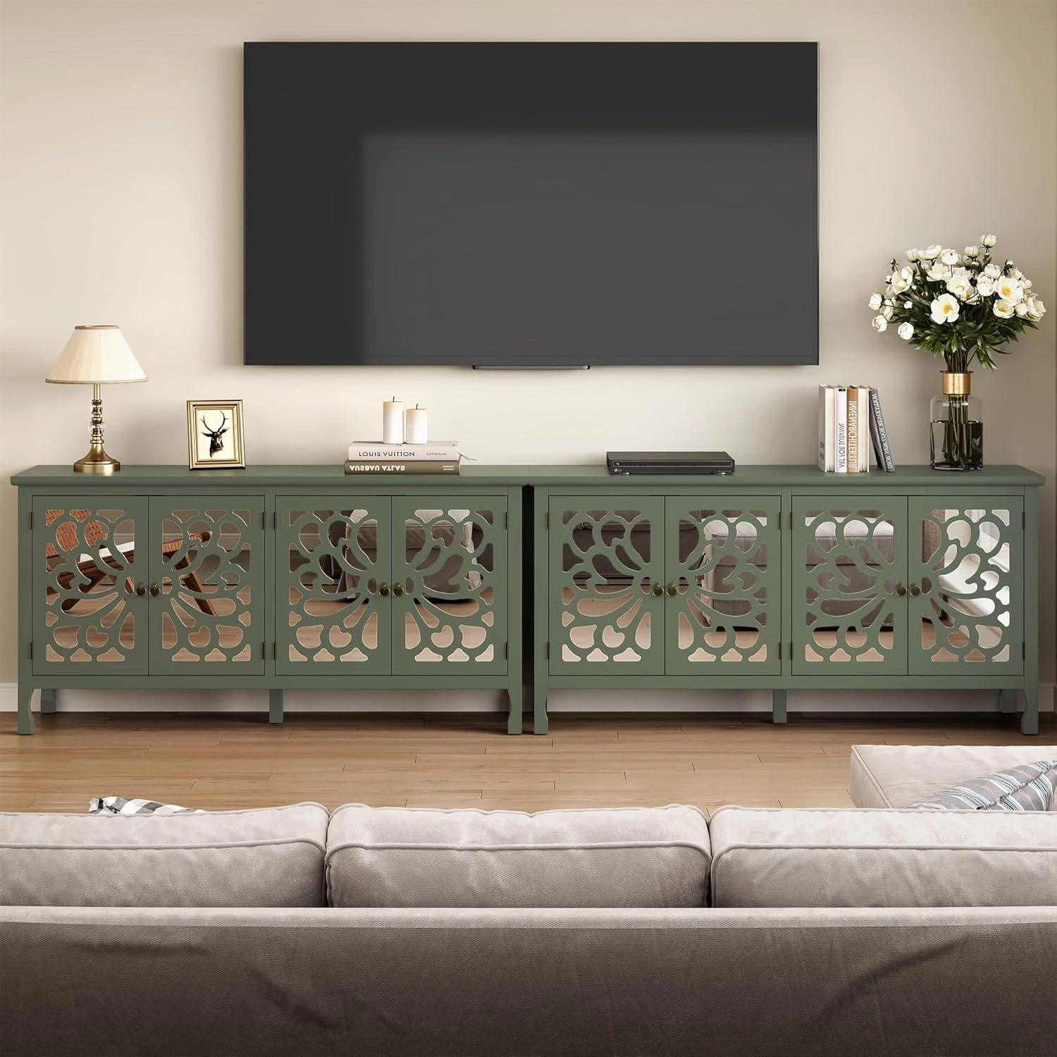 63" Carved Buffet Cabinet with Mirrored Door, Modern Console Table with Storage and Adjustable Shelves, Wood Media Sideboard for Entryway, Living Room, Bedroom, Dining Room, Bathroom (Green)