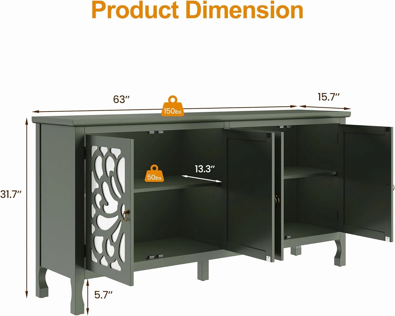 63" Carved Buffet Cabinet with Mirrored Door, Modern Console Table with Storage and Adjustable Shelves, Wood Media Sideboard for Entryway, Living Room, Bedroom, Dining Room, Bathroom (Green)