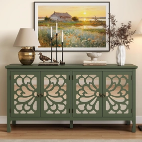 63" Carved Buffet Cabinet with Mirrored Door, Modern Console Table with Storage and Adjustable Shelves, Wood Media Sideboard for Entryway, Living Room, Bedroom, Dining Room, Bathroom (Green)