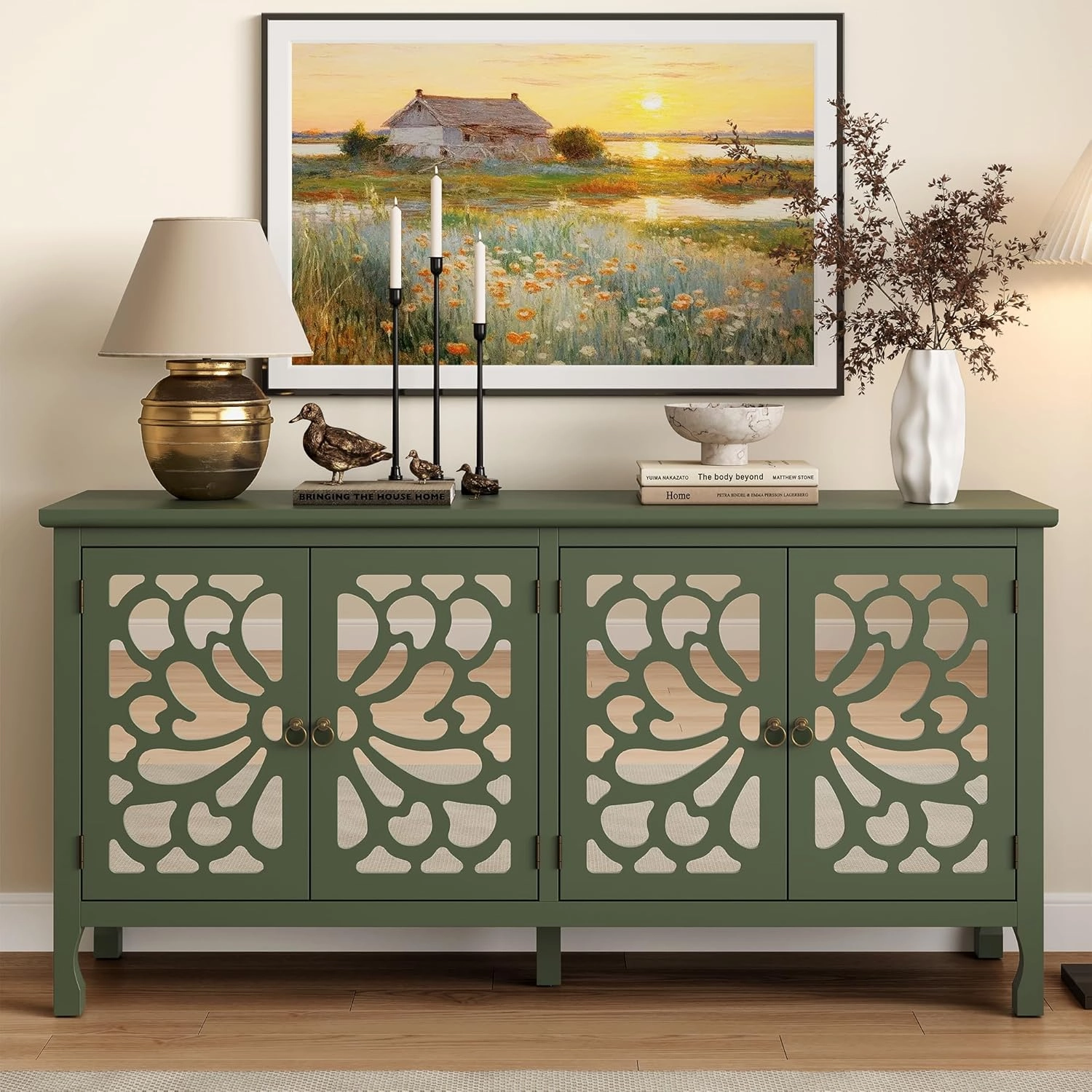 63" Carved Buffet Cabinet with Mirrored Door, Modern Console Table with Storage and Adjustable Shelves, Wood Media Sideboard for Entryway, Living Room, Bedroom, Dining Room, Bathroom (Green)