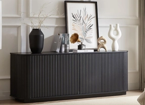 64" Sideboard Buffet Cabinet with Storage, Wooden Fluted Storage Cabinet Sideboard with Adjustable Shelves Pressed Spring for Kitchen Living Room (Black Gray)