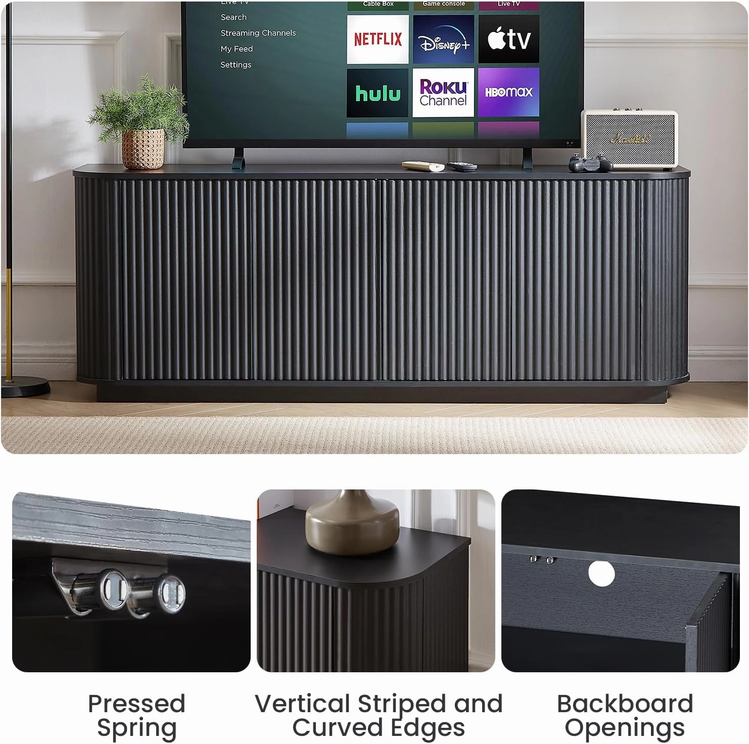 64" Sideboard Buffet Cabinet with Storage, Wooden Fluted Storage Cabinet Sideboard with Adjustable Shelves Pressed Spring for Kitchen Living Room (Black Gray)