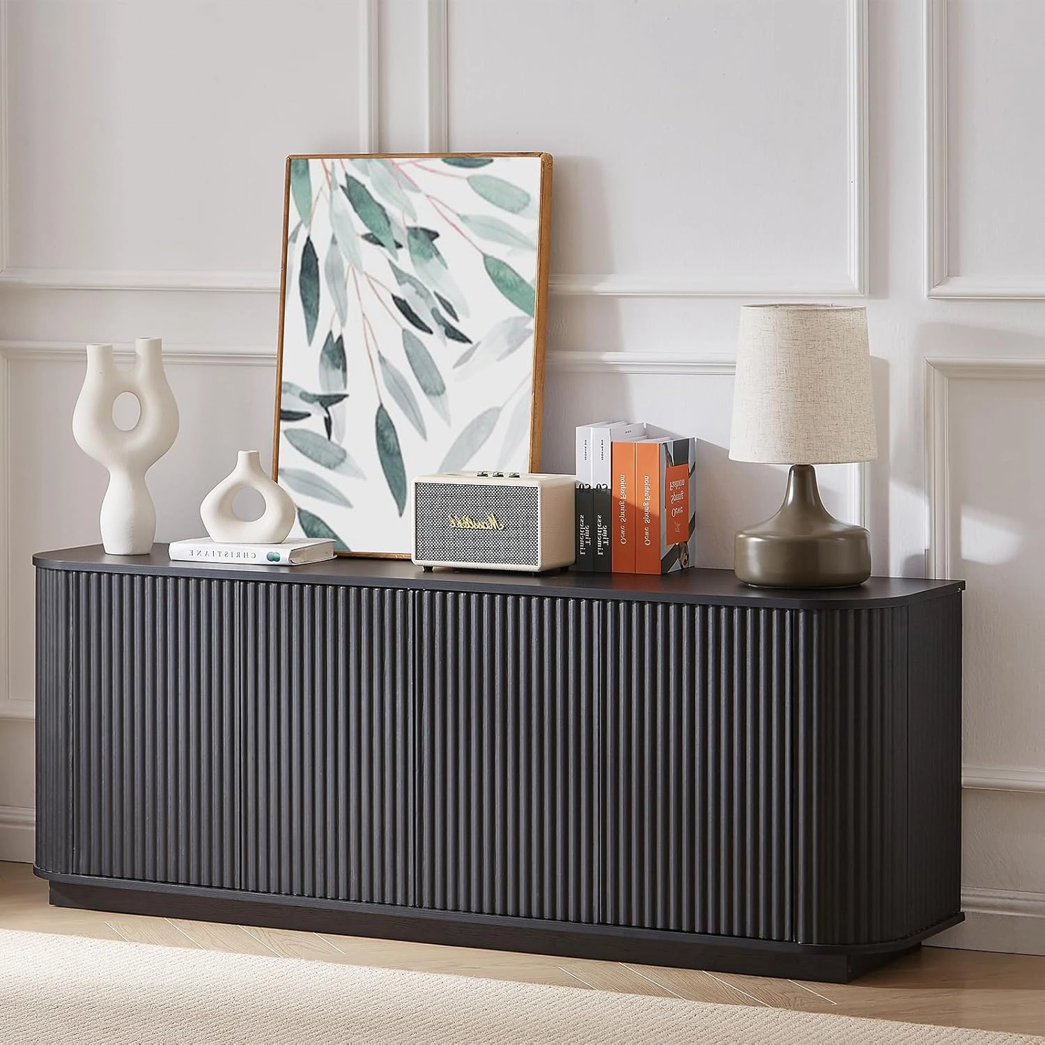 64" Sideboard Buffet Cabinet with Storage, Wooden Fluted Storage Cabinet Sideboard with Adjustable Shelves Pressed Spring for Kitchen Living Room (Black Gray)