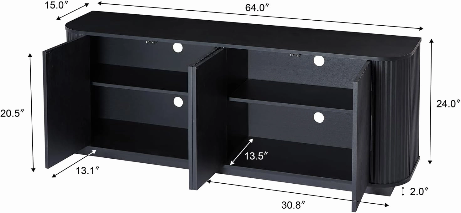 64" Sideboard Buffet Cabinet with Storage, Wooden Fluted Storage Cabinet Sideboard with Adjustable Shelves Pressed Spring for Kitchen Living Room (Black Gray)