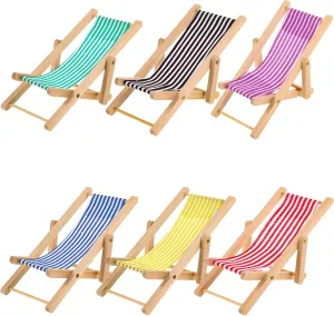 6PCS s Mini Folding Wooden Beach Sunbath Chairs Mini Longue Deck Chairs Dollhouse Accessories Mini House Ornament Dollhouse Decoration