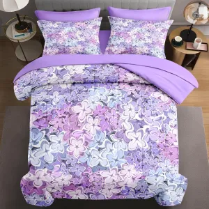 7 Pcs Queen Size Comforter Set with 2 Pillowcases & 2 Shams, Blue Purple Floral Bedding Set for Kids and Adults, Pink Lilac Flower Bed in a Bag with Flat Sheet and Fitted Sheet