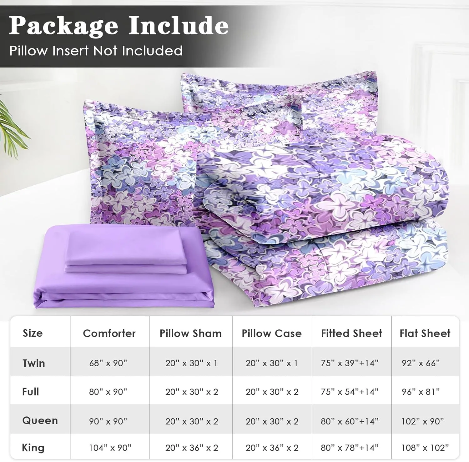 7 Pcs Queen Size Comforter Set with 2 Pillowcases & 2 Shams, Blue Purple Floral Bedding Set for Kids and Adults, Pink Lilac Flower Bed in a Bag with Flat Sheet and Fitted Sheet