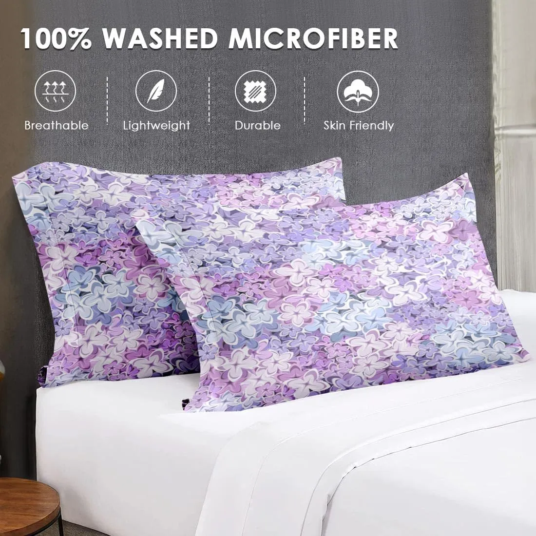 7 Pcs Queen Size Comforter Set with 2 Pillowcases & 2 Shams, Blue Purple Floral Bedding Set for Kids and Adults, Pink Lilac Flower Bed in a Bag with Flat Sheet and Fitted Sheet