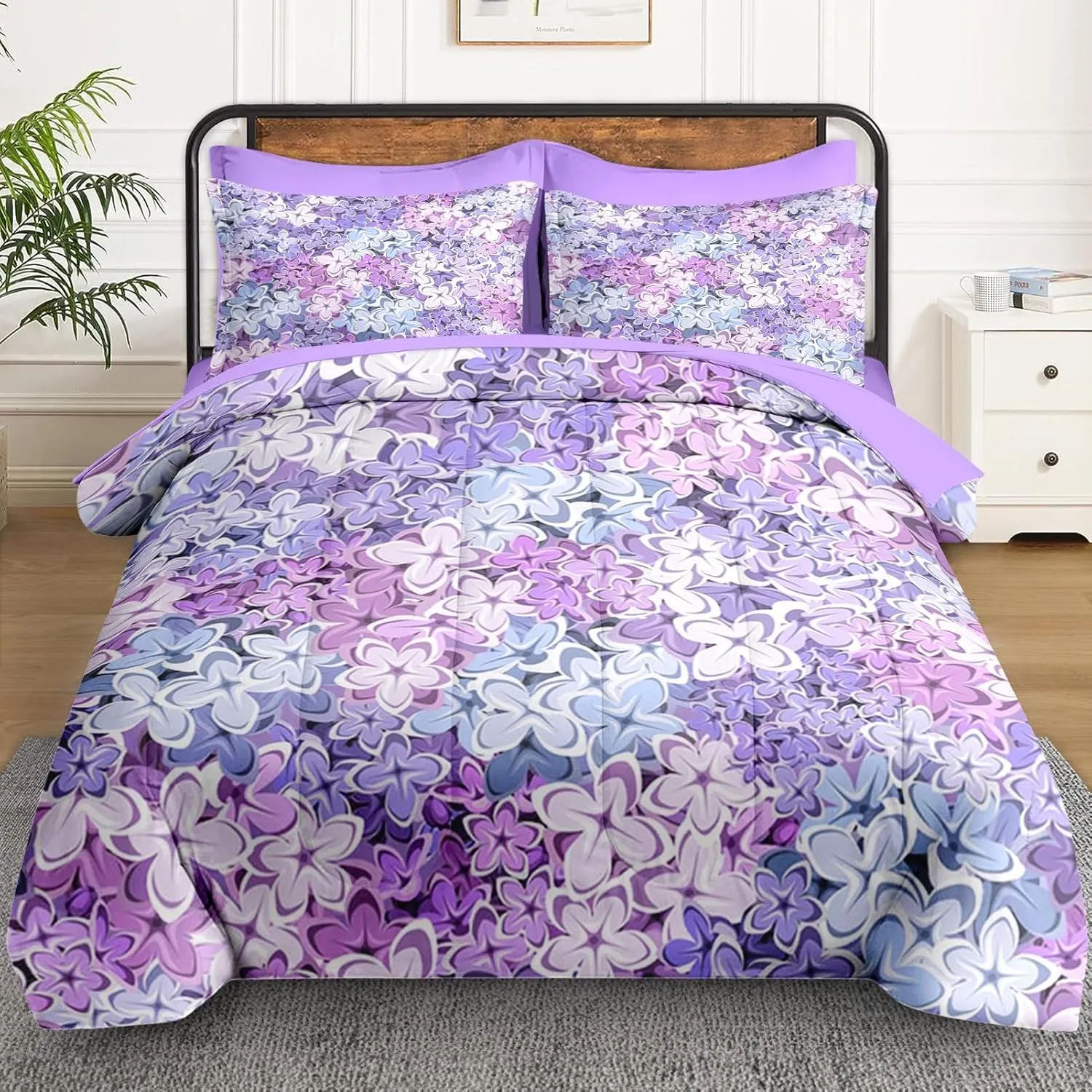 7 Pcs Queen Size Comforter Set with 2 Pillowcases & 2 Shams, Blue Purple Floral Bedding Set for Kids and Adults, Pink Lilac Flower Bed in a Bag with Flat Sheet and Fitted Sheet