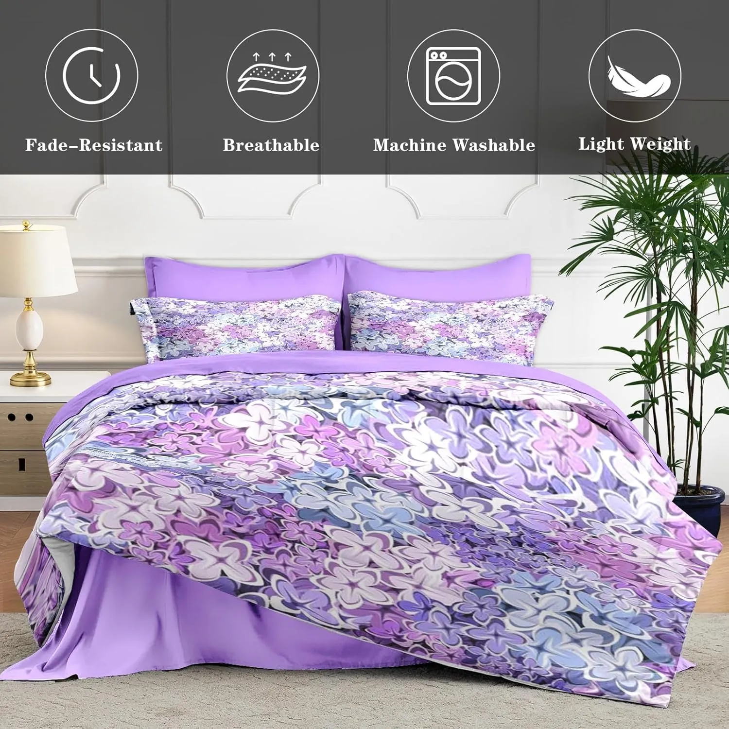 7 Pcs Queen Size Comforter Set with 2 Pillowcases & 2 Shams, Blue Purple Floral Bedding Set for Kids and Adults, Pink Lilac Flower Bed in a Bag with Flat Sheet and Fitted Sheet