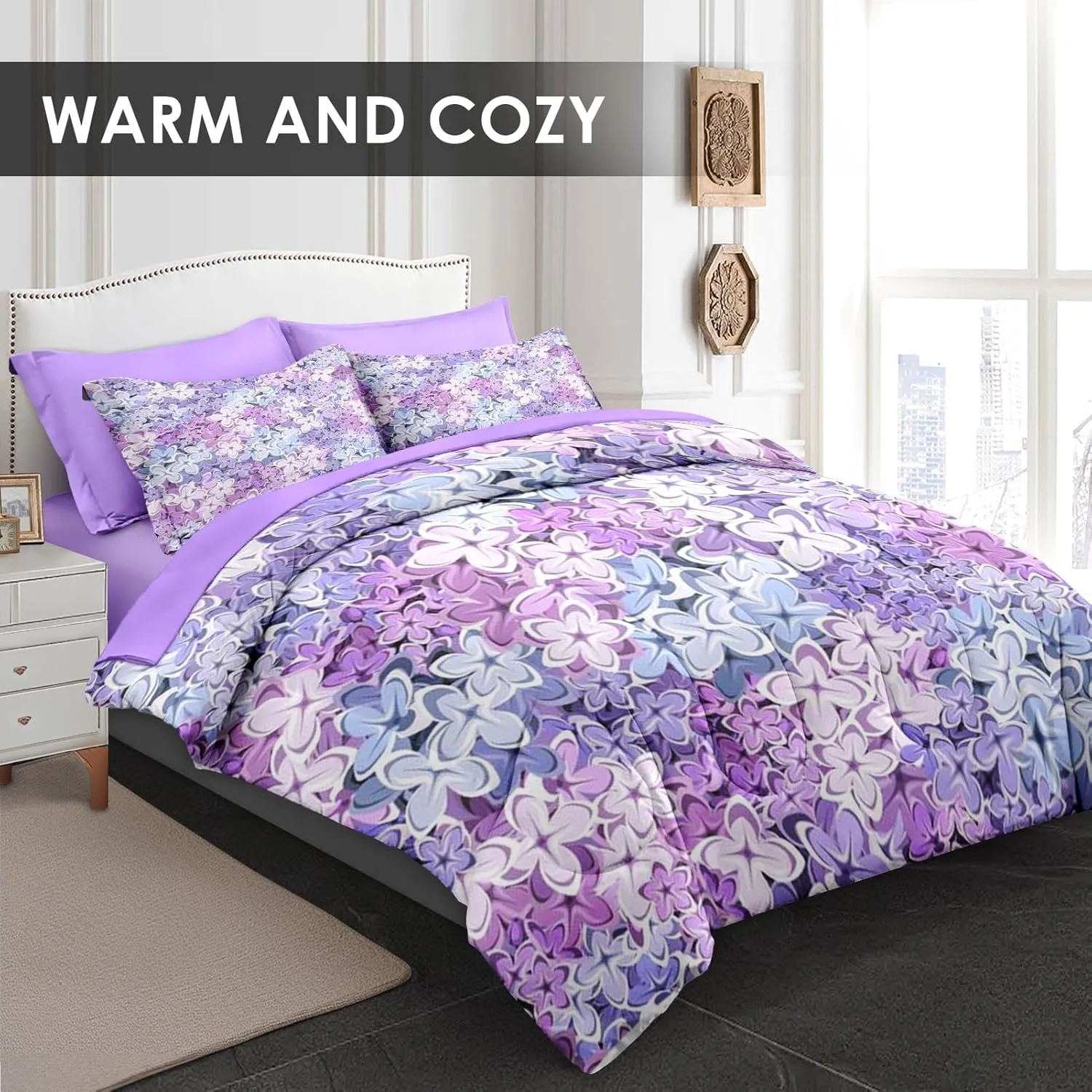 7 Pcs Queen Size Comforter Set with 2 Pillowcases & 2 Shams, Blue Purple Floral Bedding Set for Kids and Adults, Pink Lilac Flower Bed in a Bag with Flat Sheet and Fitted Sheet