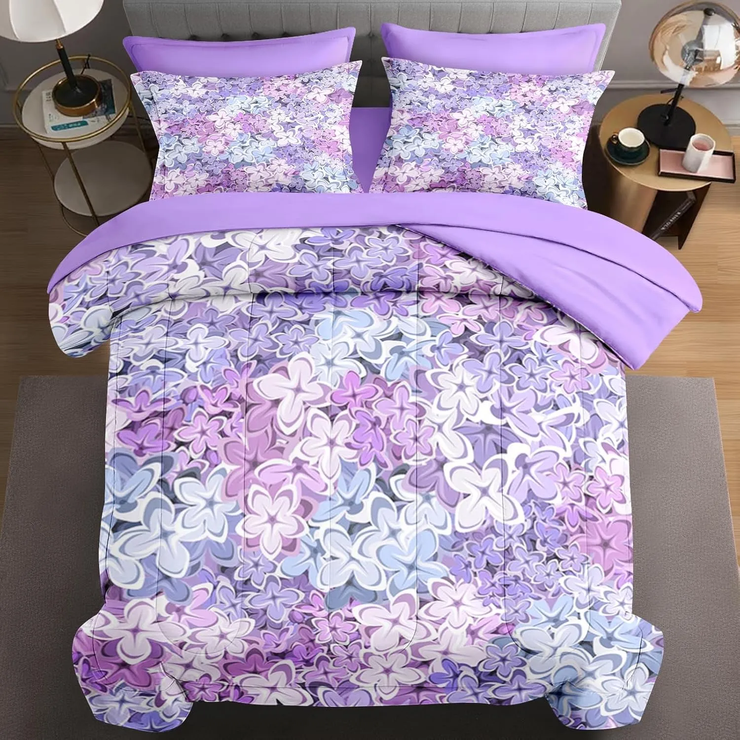 7 Pcs Queen Size Comforter Set with 2 Pillowcases & 2 Shams, Blue Purple Floral Bedding Set for Kids and Adults, Pink Lilac Flower Bed in a Bag with Flat Sheet and Fitted Sheet