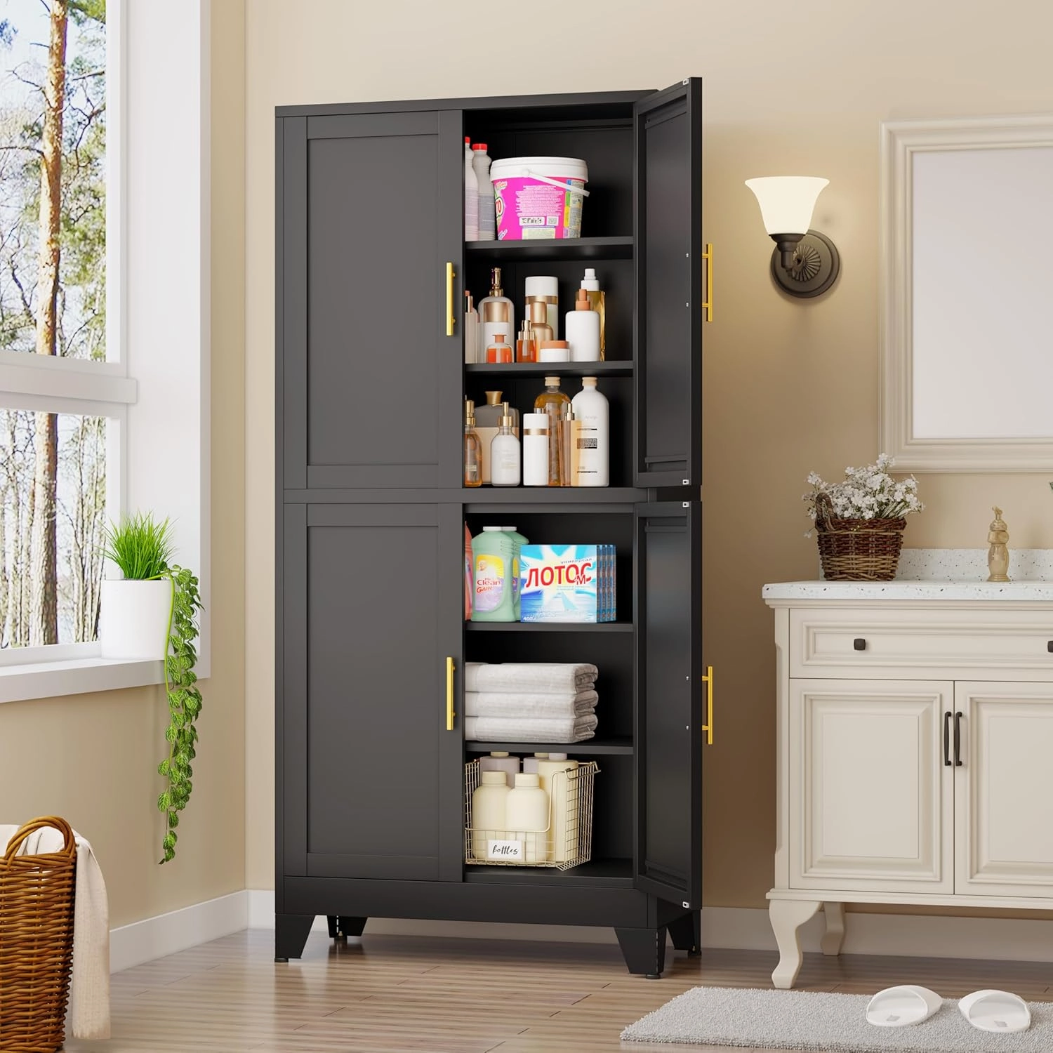 75.2" Tall Metal Pantry Cabinet, Storage Cabinets with 4 Door and 4 Adjustable Shelves, Black Kitchen Pantry Storage Cabinet, Freestanding Cupboard for Kitchen Dining Room Living Room Bathroom