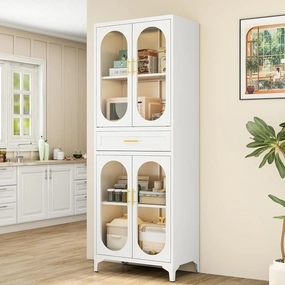 75” Tall Kitchen Pantry Storage Cabinet, Metal Storage Cabinet with 1 Drawer and Adjustable Shelves, Kitchen Pantry Cupboard, Freestanding Cupboard for Bathroom (White-4 Doors and 1 Drawer)