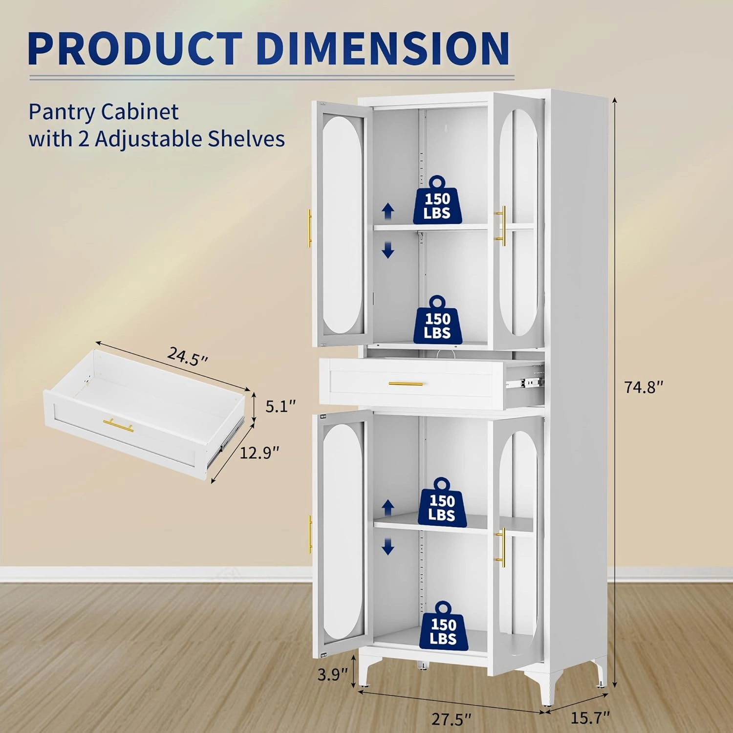 75” Tall Kitchen Pantry Storage Cabinet, Metal Storage Cabinet with 1 Drawer and Adjustable Shelves, Kitchen Pantry Cupboard, Freestanding Cupboard for Bathroom (White-4 Doors and 1 Drawer)