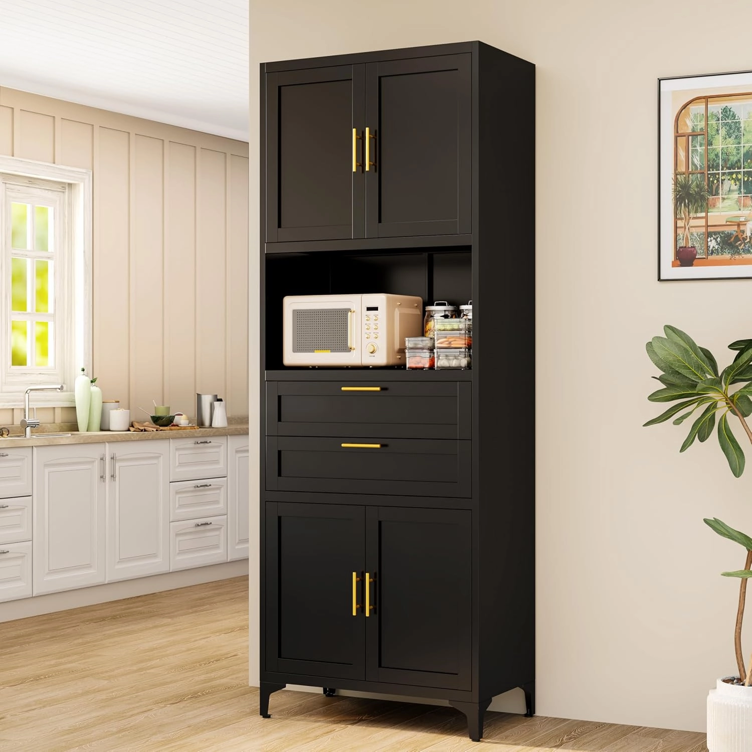 75” Tall Kitchen Pantry Storage Cabinet, Metal Storage Cabinet with 2 Drawers and Adjustable Shelves, Kitchen Pantry Cupboard, Freestanding Cupboard for Bathroom, Living Room(Black)