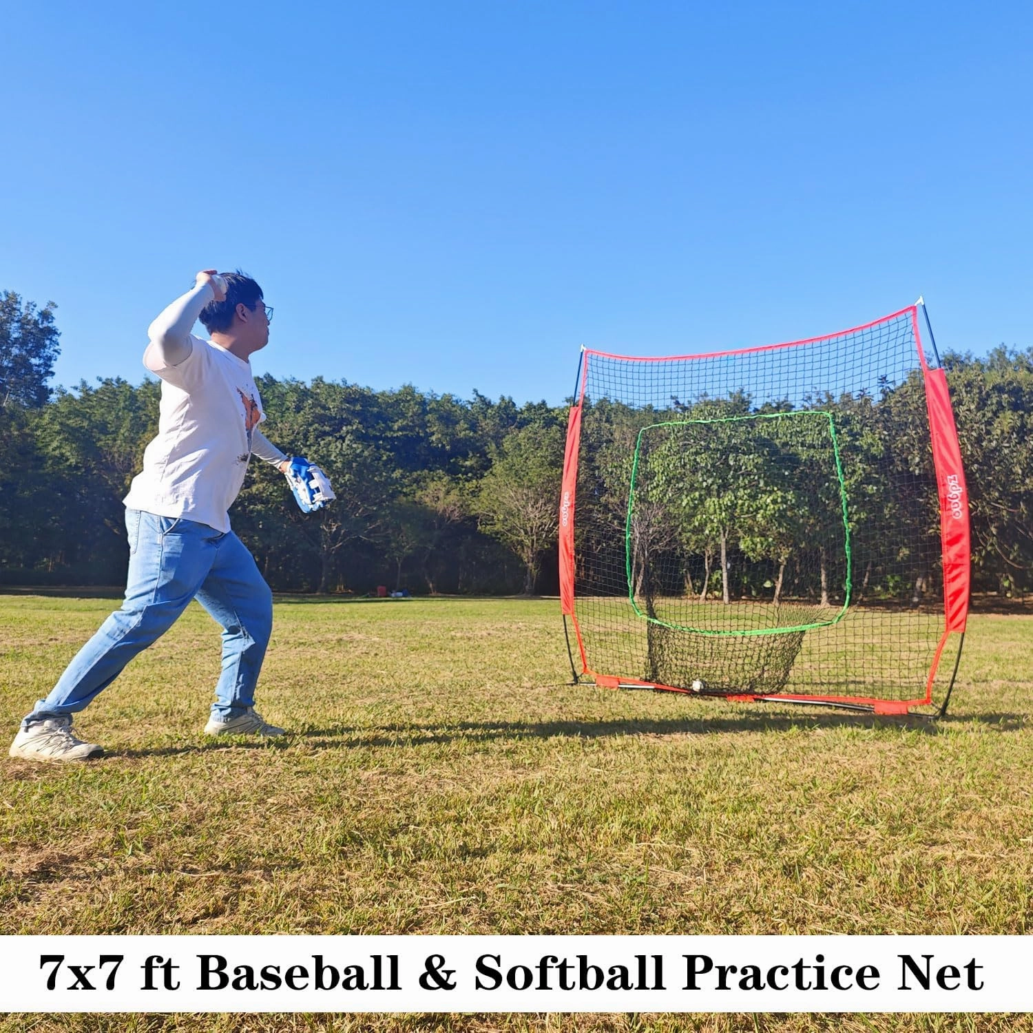 7×7ft Baseball Softball Practice Net- Portable Baseball Net for Batting, Hitting, Pitching Come with Carry Bag, Training for Players of Any Skill Level - Easy Setup