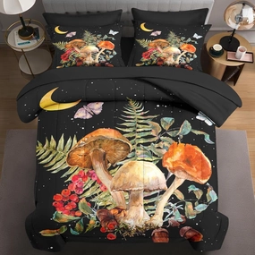 7 Pcs Full Size Comforter Set with 2 Pillowcases & 2 Shams, Vintage Mushroom Moon Bedding for Kids and Adults, Butterfly Leaves Fern Bed in a Bag with Flat Fitted Sheet