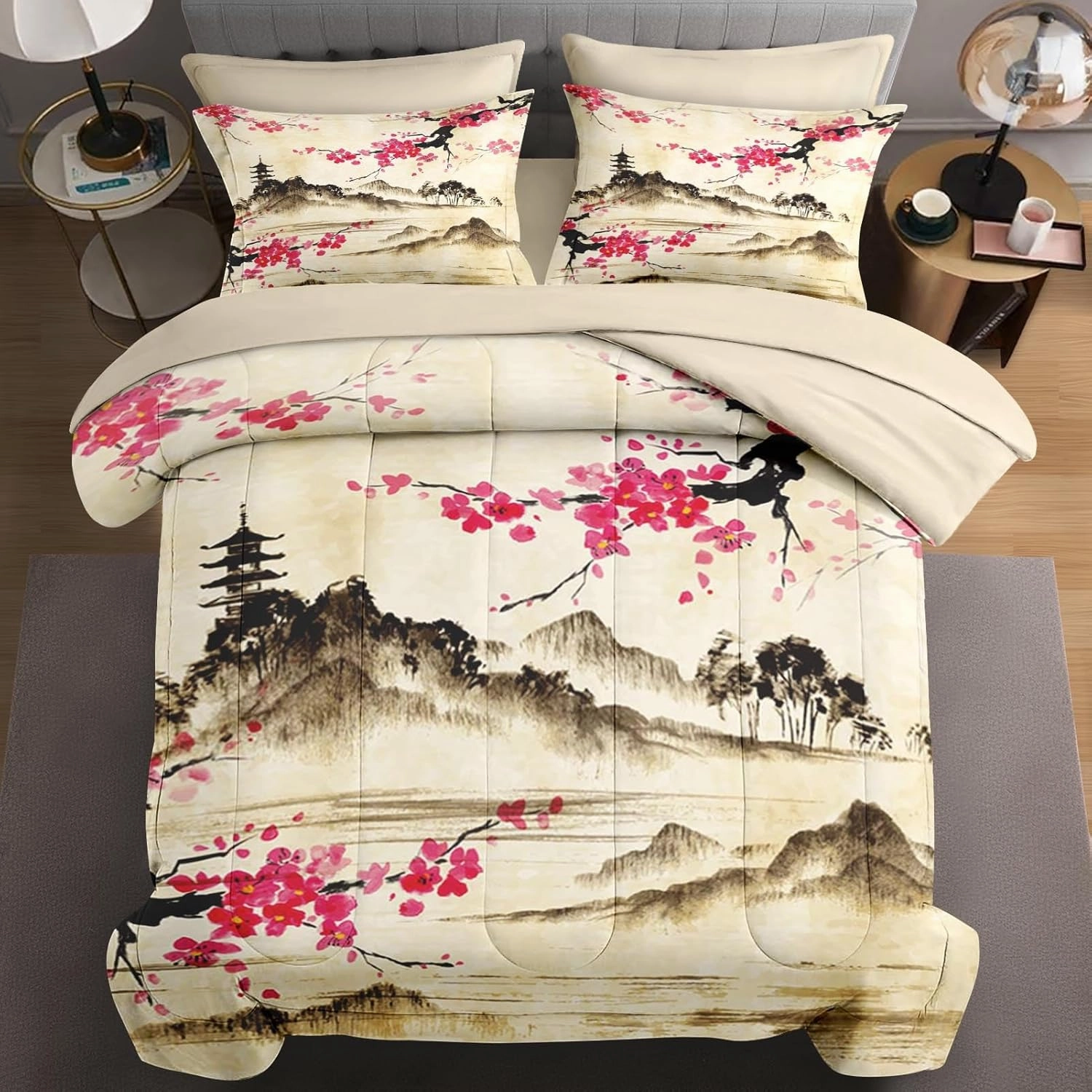7 Pcs Queen Size Comforter Set with 2 Pillowcases & 2 Shams, Japanese Cherry Floral Bedding for Kids and Adults, Chinese Landscape Flower Bed in a Bag with Flat Fitted Sheet