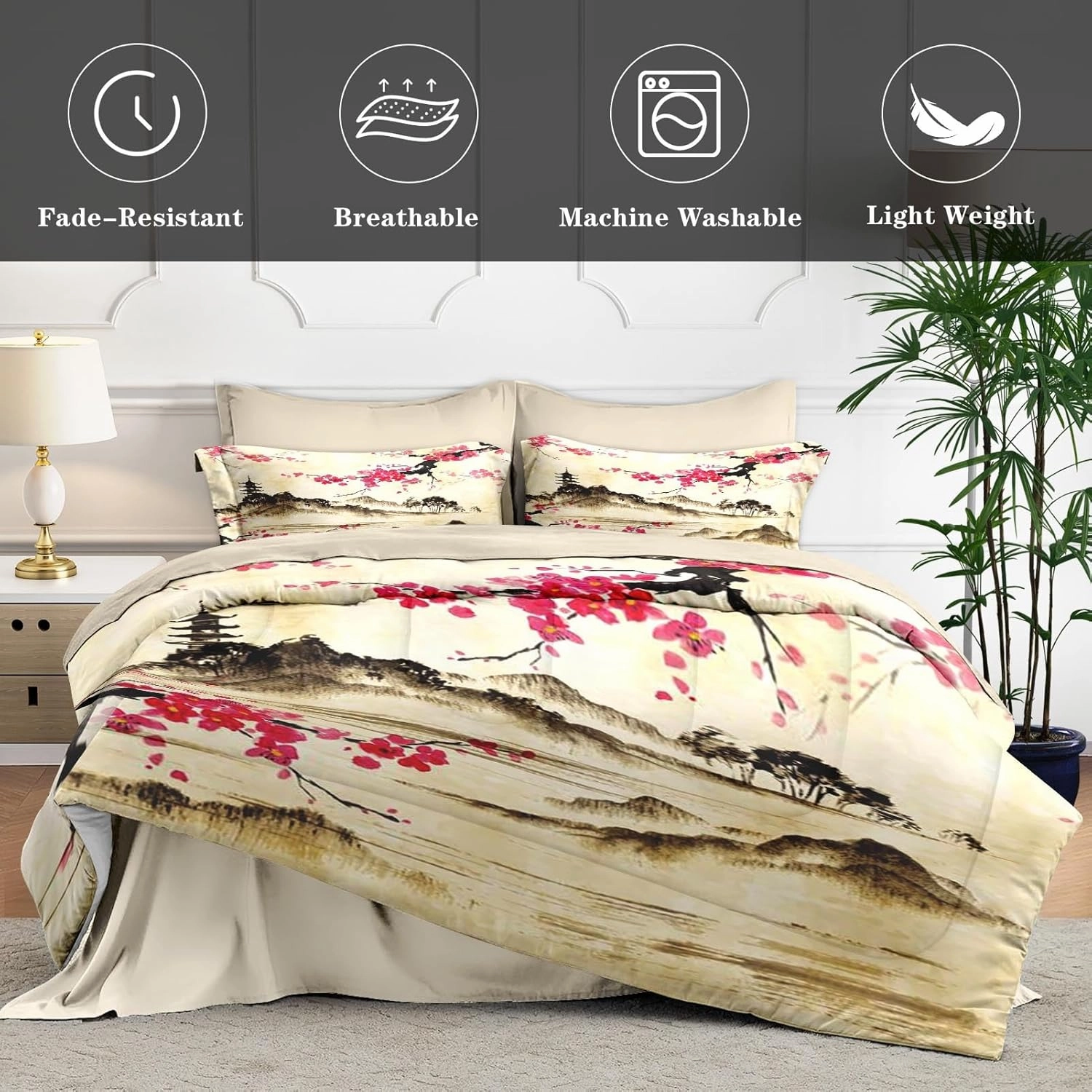 7 Pcs Queen Size Comforter Set with 2 Pillowcases & 2 Shams, Japanese Cherry Floral Bedding for Kids and Adults, Chinese Landscape Flower Bed in a Bag with Flat Fitted Sheet