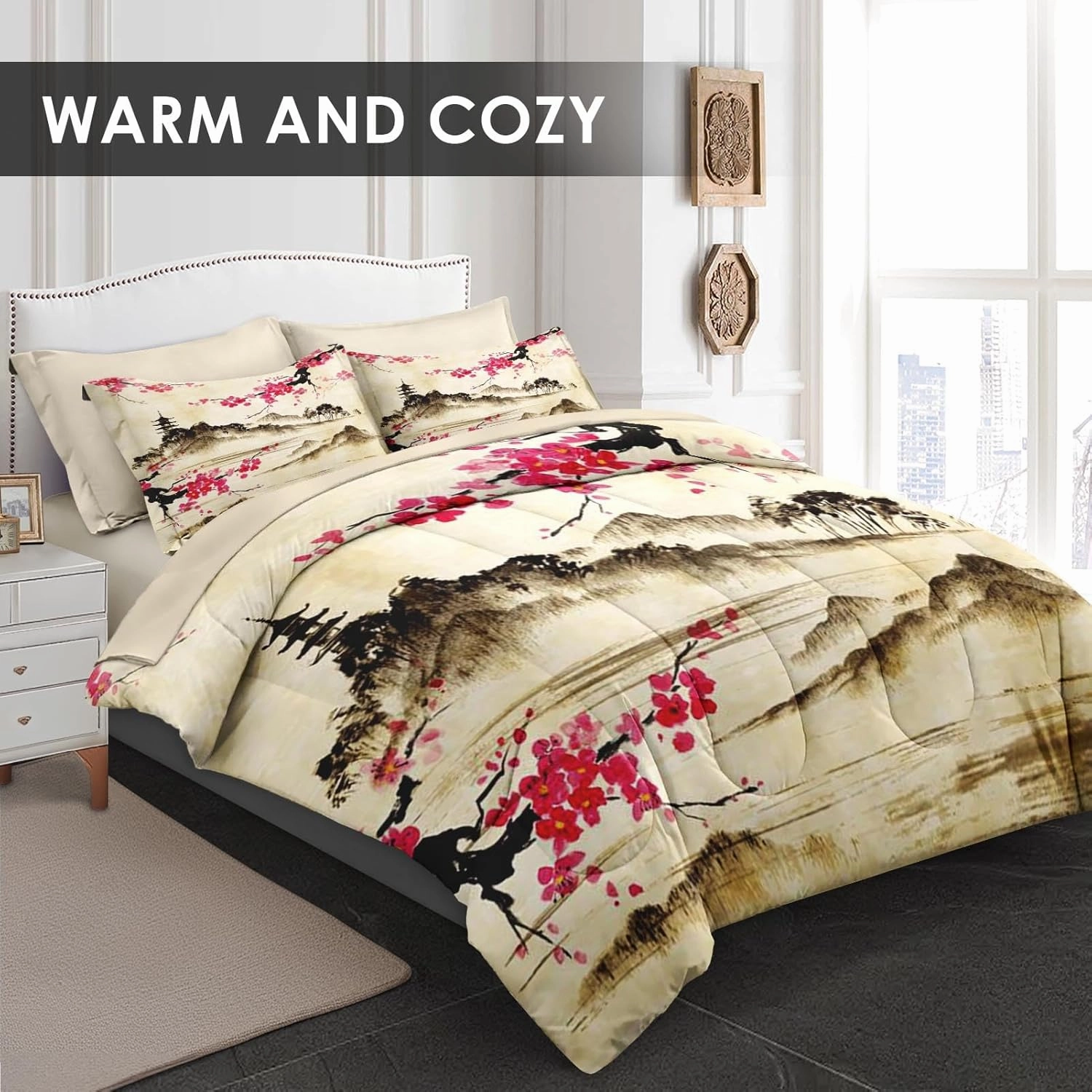 7 Pcs Queen Size Comforter Set with 2 Pillowcases & 2 Shams, Japanese Cherry Floral Bedding for Kids and Adults, Chinese Landscape Flower Bed in a Bag with Flat Fitted Sheet