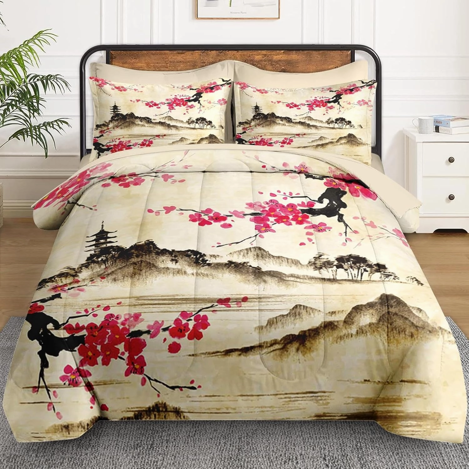 7 Pcs Queen Size Comforter Set with 2 Pillowcases & 2 Shams, Japanese Cherry Floral Bedding for Kids and Adults, Chinese Landscape Flower Bed in a Bag with Flat Fitted Sheet