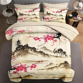 7 Pcs Queen Size Comforter Set with 2 Pillowcases & 2 Shams, Japanese Cherry Floral Bedding for Kids and Adults, Chinese Landscape Flower Bed in a Bag with Flat Fitted Sheet