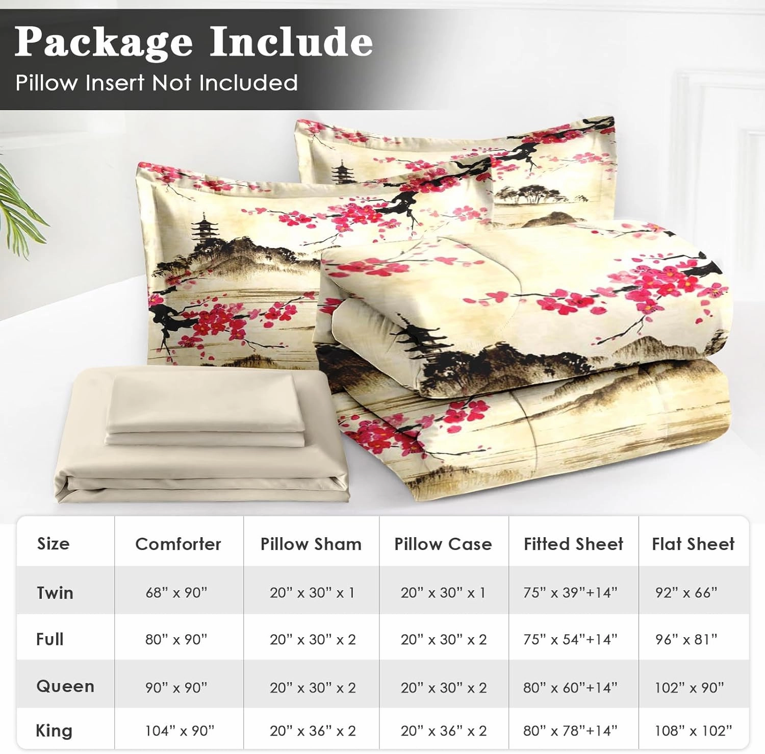 7 Pcs Queen Size Comforter Set with 2 Pillowcases & 2 Shams, Japanese Cherry Floral Bedding for Kids and Adults, Chinese Landscape Flower Bed in a Bag with Flat Fitted Sheet