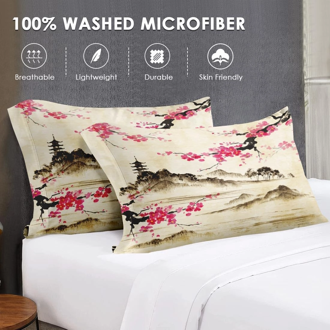 7 Pcs Queen Size Comforter Set with 2 Pillowcases & 2 Shams, Japanese Cherry Floral Bedding for Kids and Adults, Chinese Landscape Flower Bed in a Bag with Flat Fitted Sheet