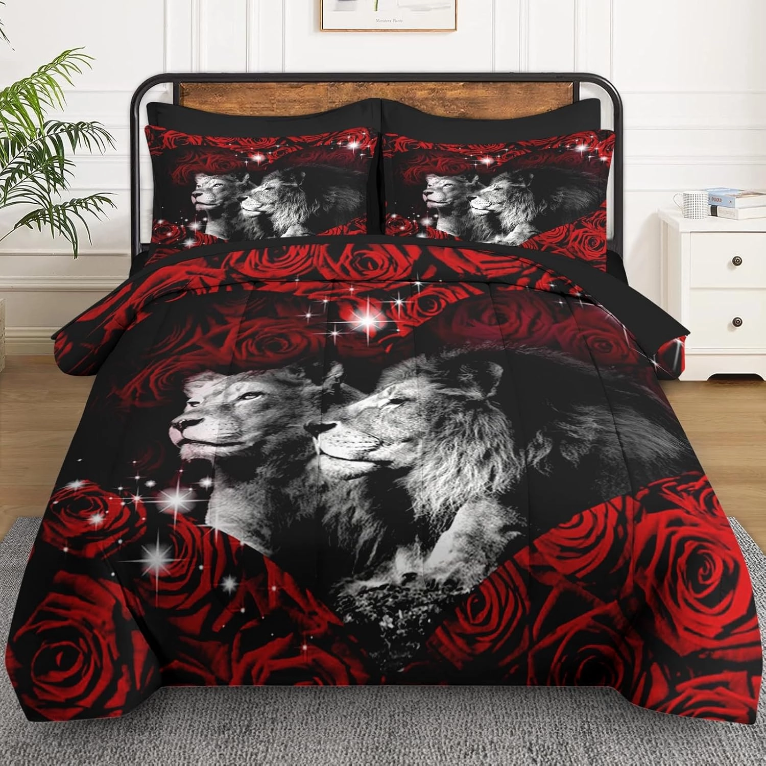 7 Pcs Queen Size Comforter Set with 2 Pillowcases & 2 Shams, Lion Animal African Bedding for Kids and Adults, Red Rose Flowers Bed in a Bag with Flat Fitted Sheet