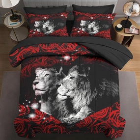 7 Pcs Queen Size Comforter Set with 2 Pillowcases & 2 Shams, Lion Animal African Bedding for Kids and Adults, Red Rose Flowers Bed in a Bag with Flat Fitted Sheet