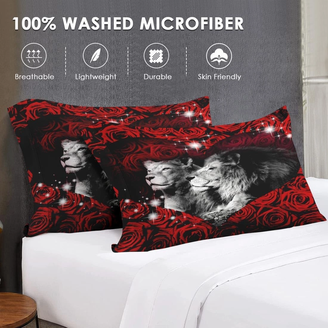 7 Pcs Queen Size Comforter Set with 2 Pillowcases & 2 Shams, Lion Animal African Bedding for Kids and Adults, Red Rose Flowers Bed in a Bag with Flat Fitted Sheet