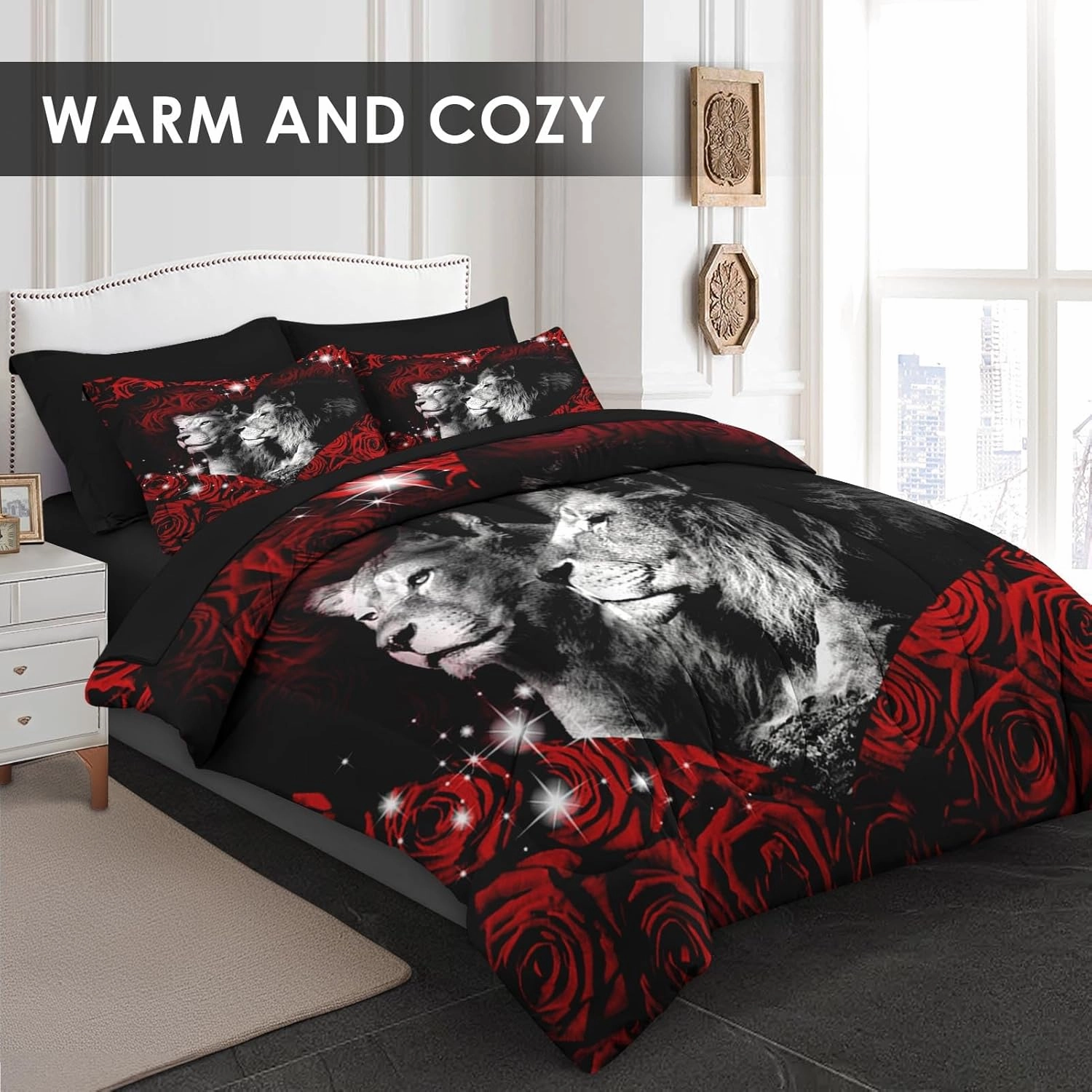 7 Pcs Queen Size Comforter Set with 2 Pillowcases & 2 Shams, Lion Animal African Bedding for Kids and Adults, Red Rose Flowers Bed in a Bag with Flat Fitted Sheet