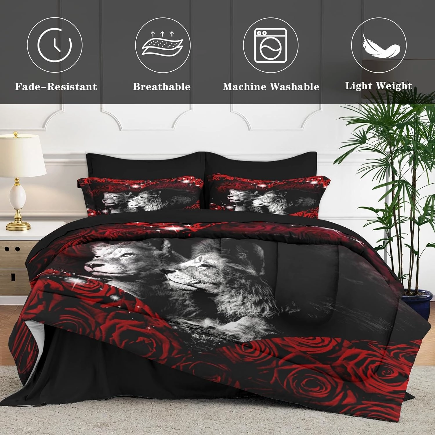 7 Pcs Queen Size Comforter Set with 2 Pillowcases & 2 Shams, Lion Animal African Bedding for Kids and Adults, Red Rose Flowers Bed in a Bag with Flat Fitted Sheet