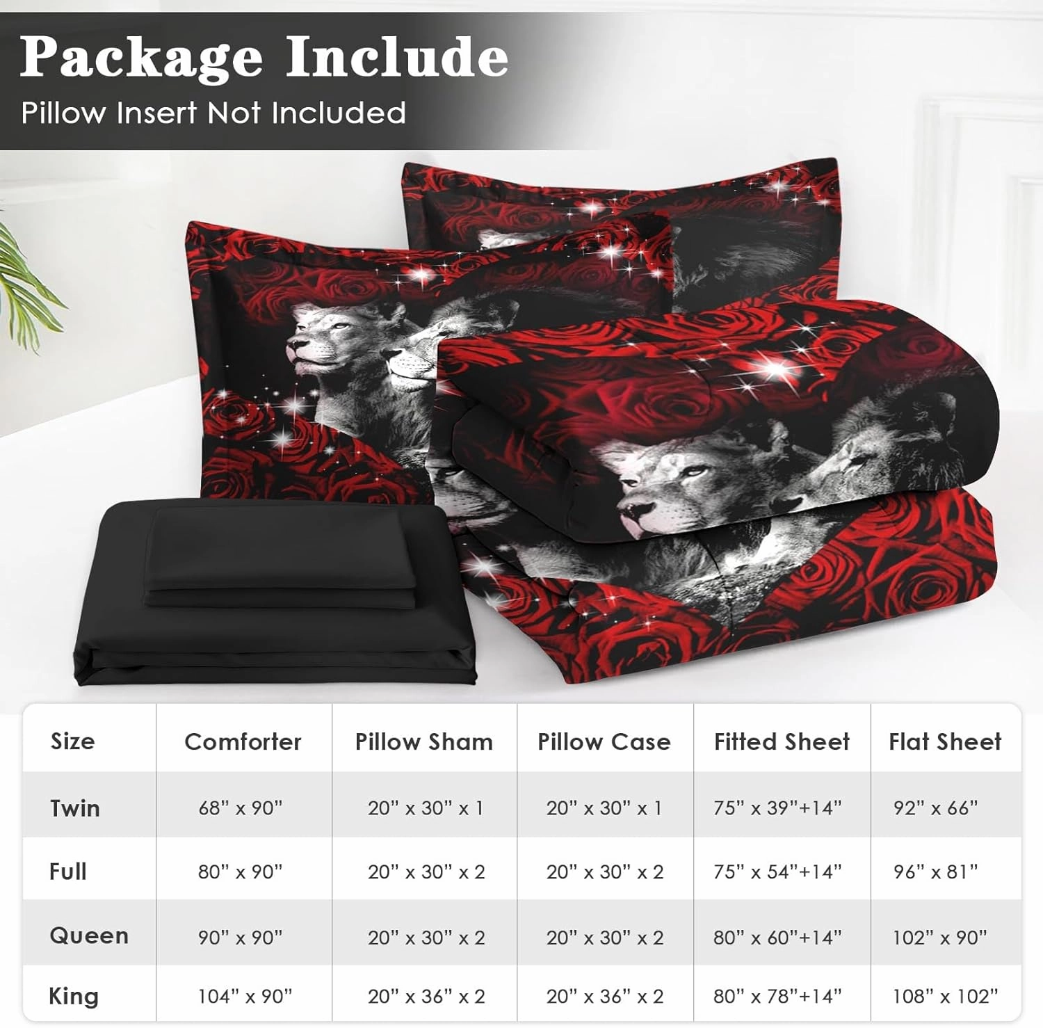 7 Pcs Queen Size Comforter Set with 2 Pillowcases & 2 Shams, Lion Animal African Bedding for Kids and Adults, Red Rose Flowers Bed in a Bag with Flat Fitted Sheet