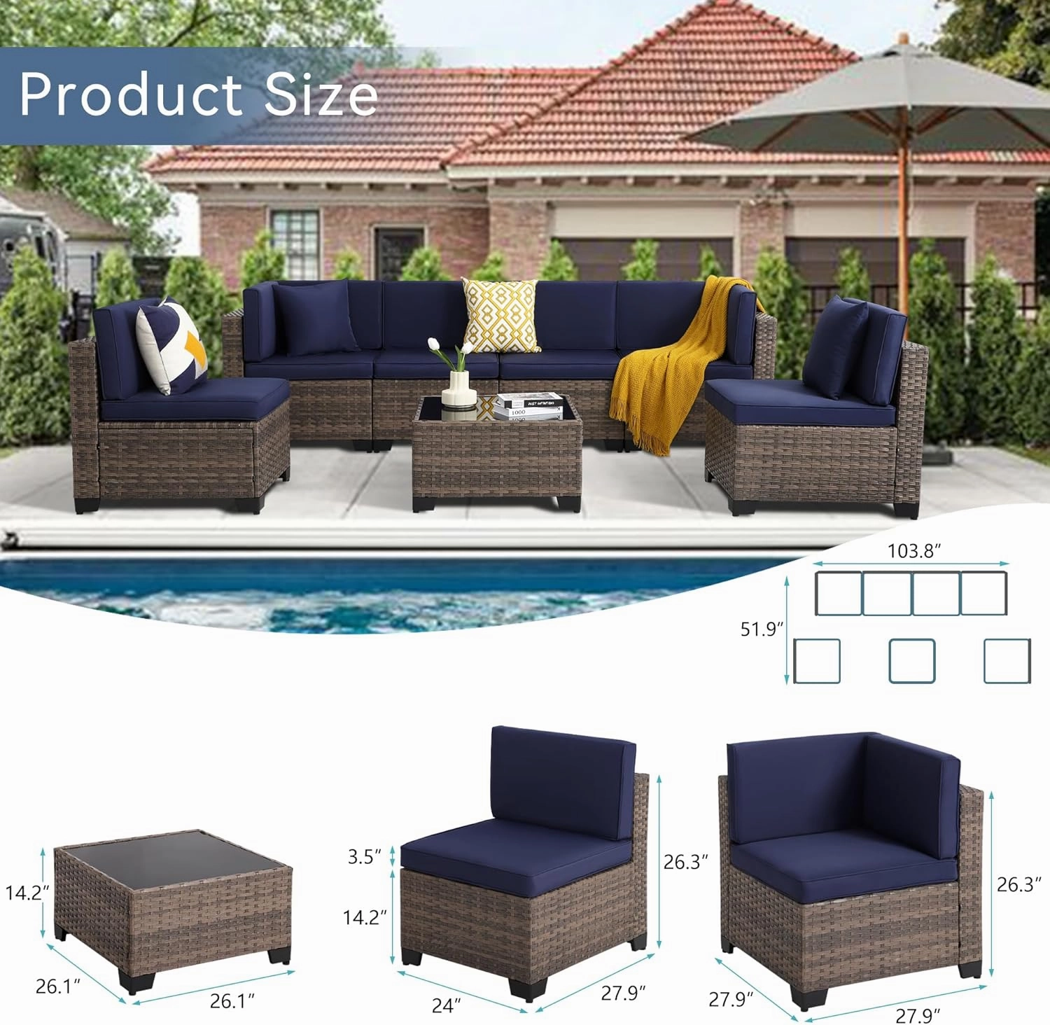 7 Piece Outdoor Patio Furniture Set, Outdoor Sectional Furniture, Rattan Chairs Glass Table Wicker Conversation Seating Sectional Sofa with Cushions (A-Brown-Navy, A-Straight Back)